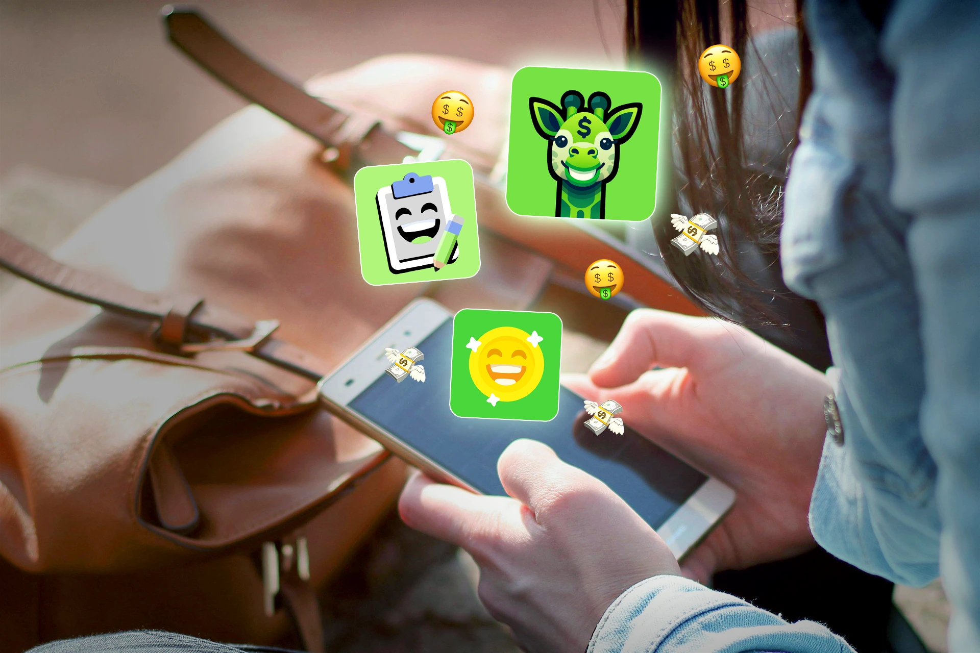 Person playing mobile games to earn money, with app icons including Cash Giraffe and flying cash emojis representing play and earn apps.