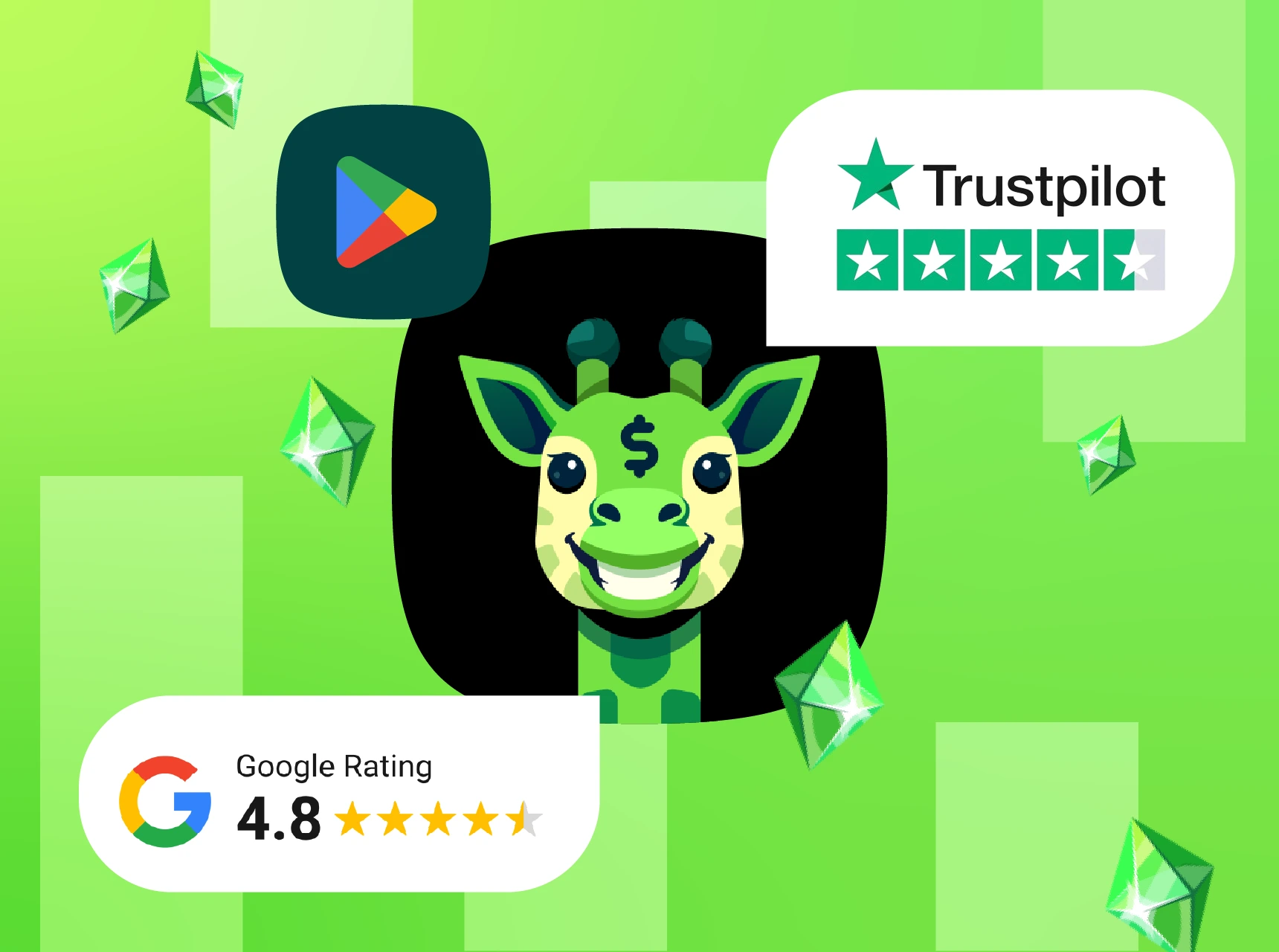 Cash Giraffe app with 4.8 Google rating and Trustpilot reviews, showing legitimacy and user trust.