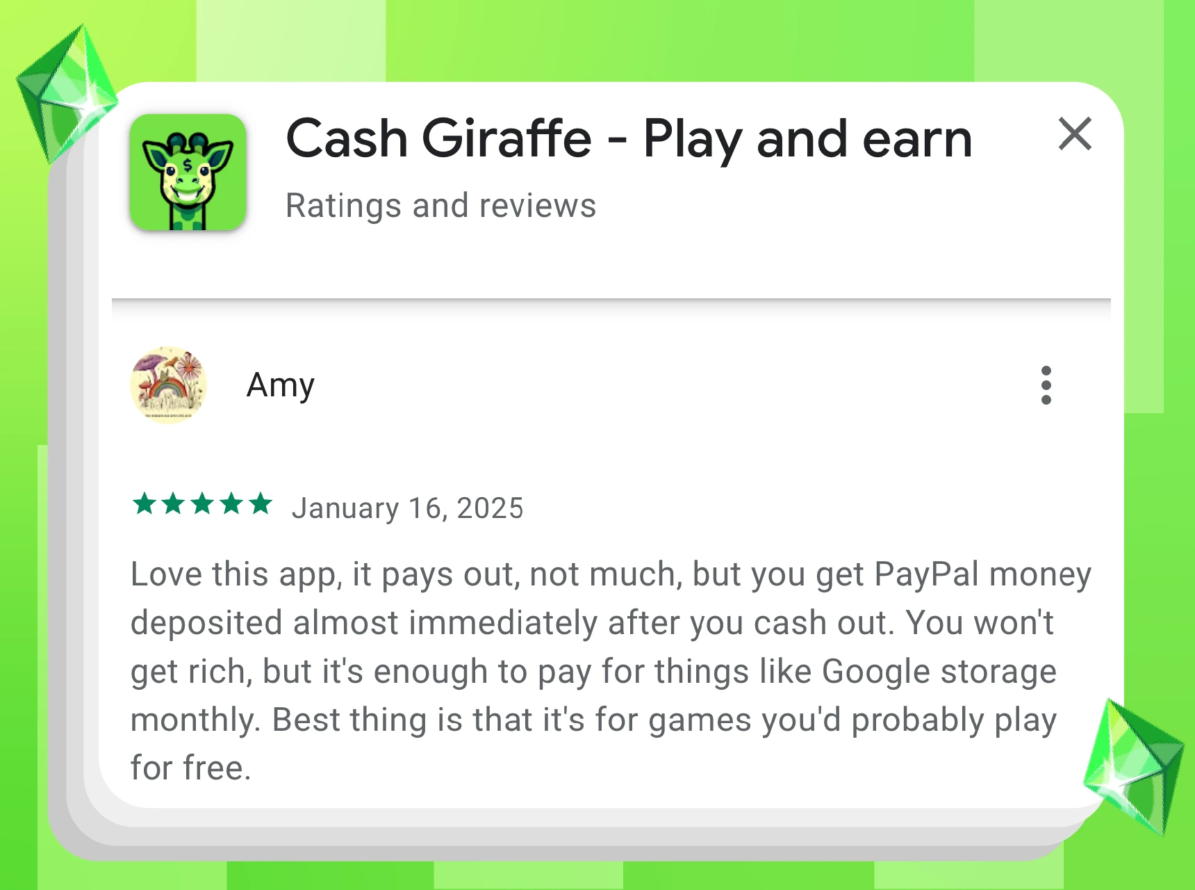5-star Cash Giraffe user review highlighting fast PayPal payouts and real rewards for playing free games.
