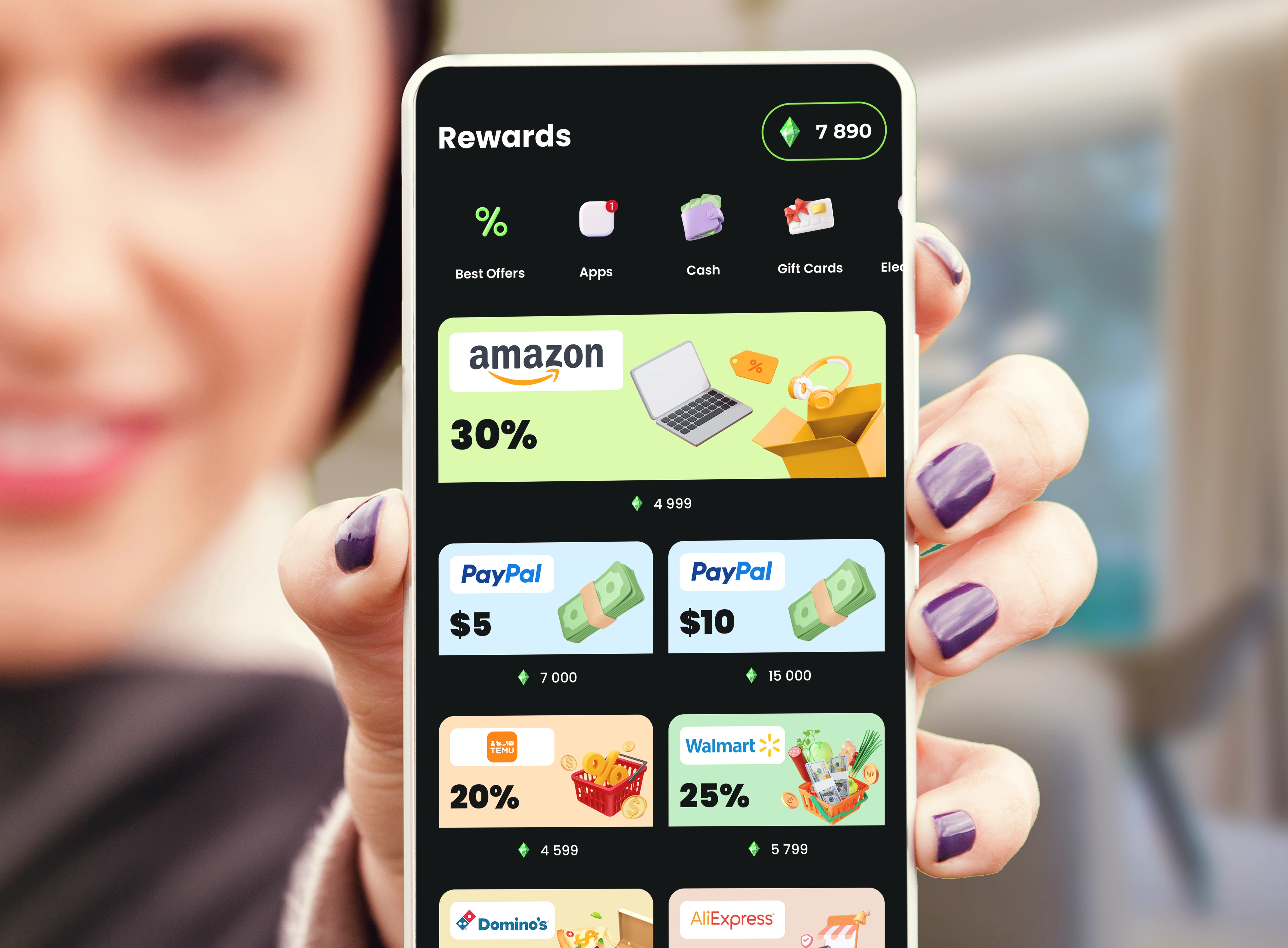 Close-up of a woman holding a phone showing Cash Giraffe rewards screen with Amazon, PayPal, and Walmart payout options.