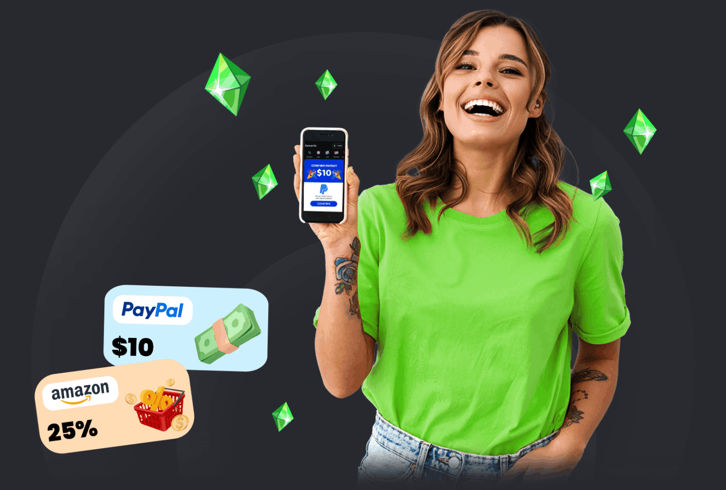 Cash Giraffe app user showing $10 PayPal reward and Amazon gift card from playing games