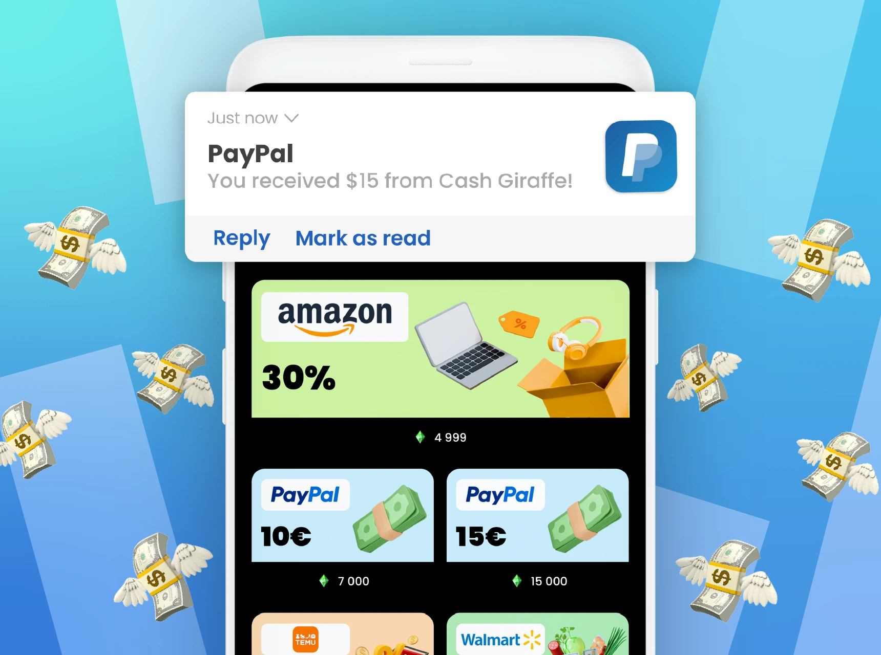 Cash Giraffe app showing Amazon gift cards and a $15 PayPal payout notification