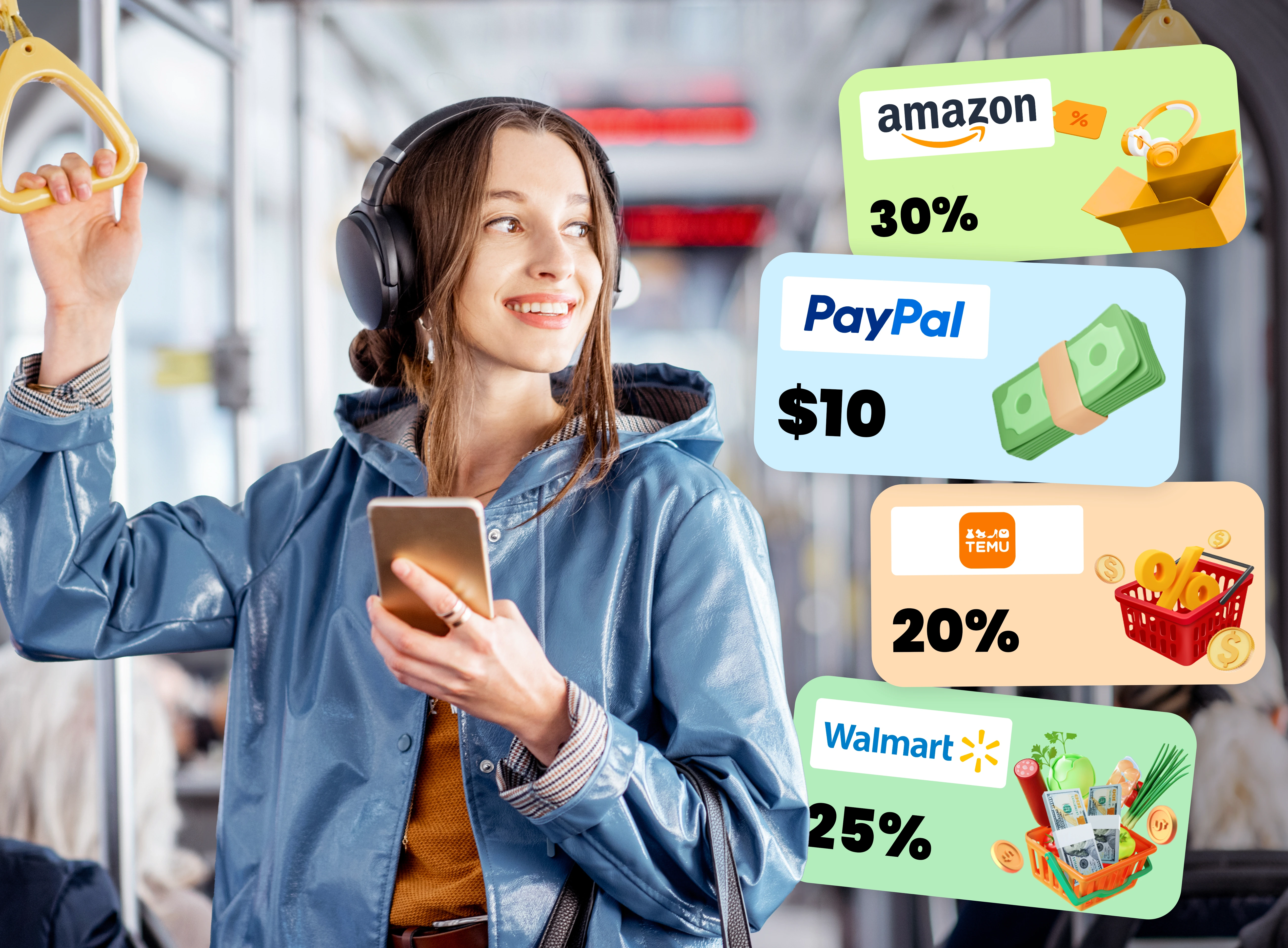 Woman using a phone on public transport with Cash Giraffe payout options including Amazon, PayPal, TEMU, and Walmart gift cards.