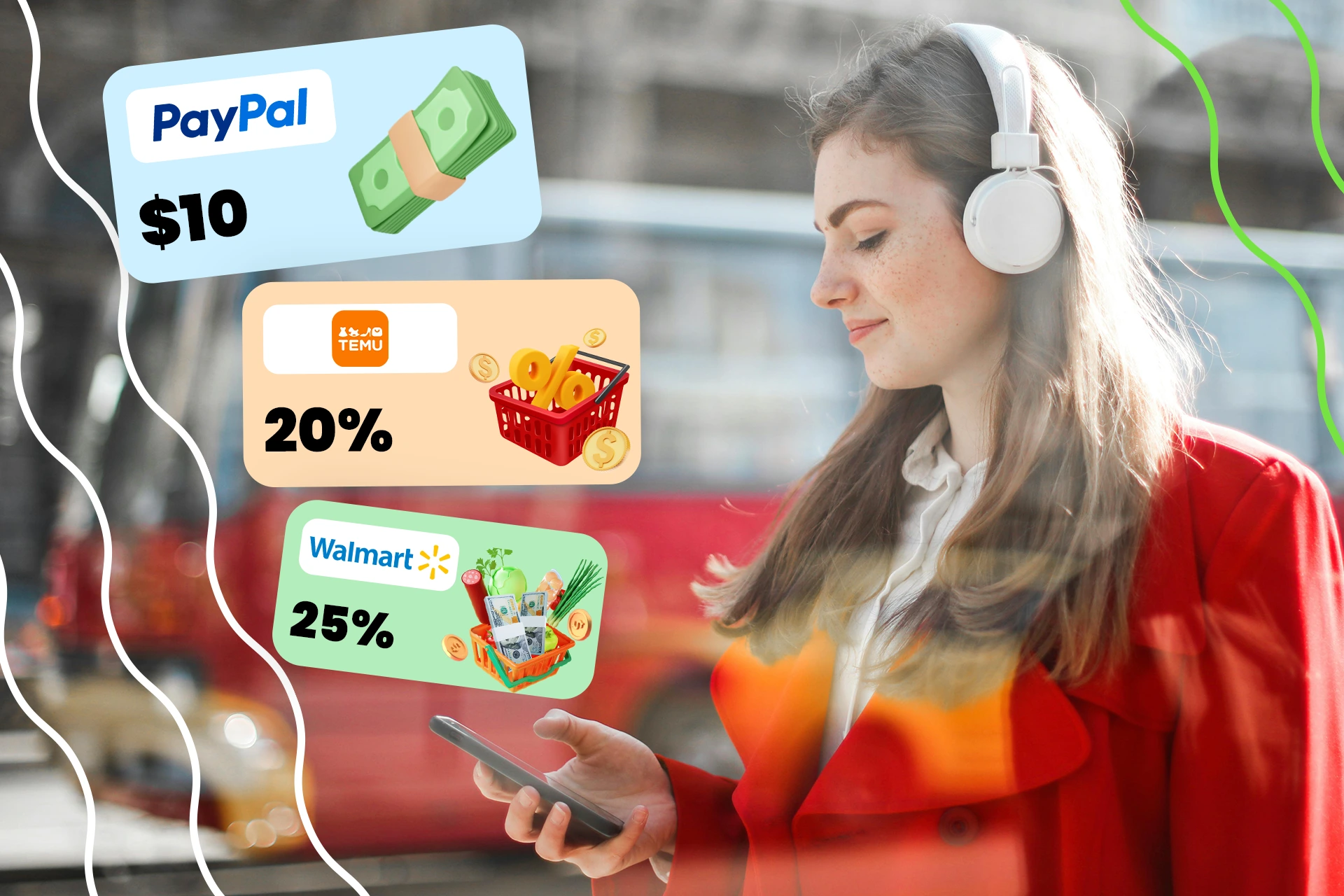 Woman using Cash Giraffe app to earn PayPal and gift card rewards