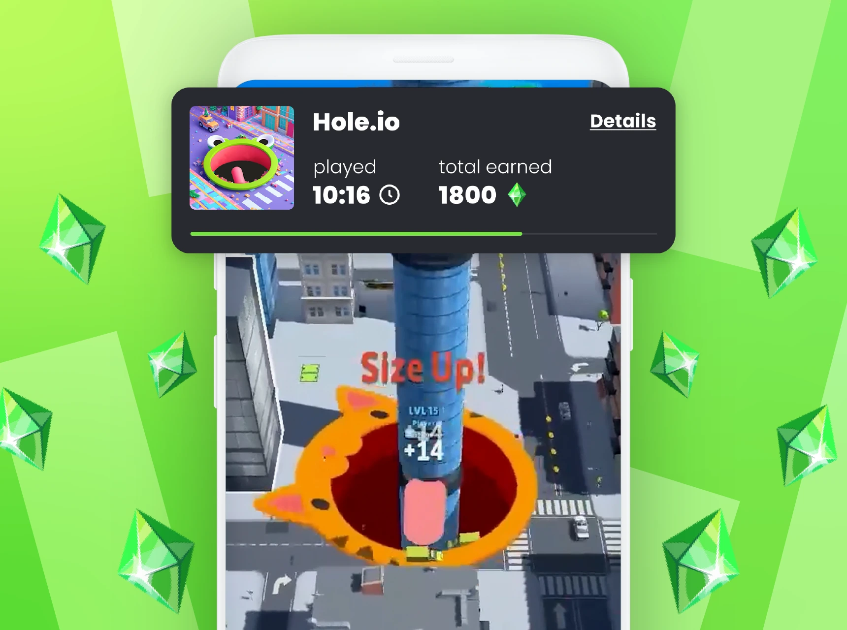 Gameplay tracking screen on Cash Giraffe app with total gems earned after playing Hole.io
