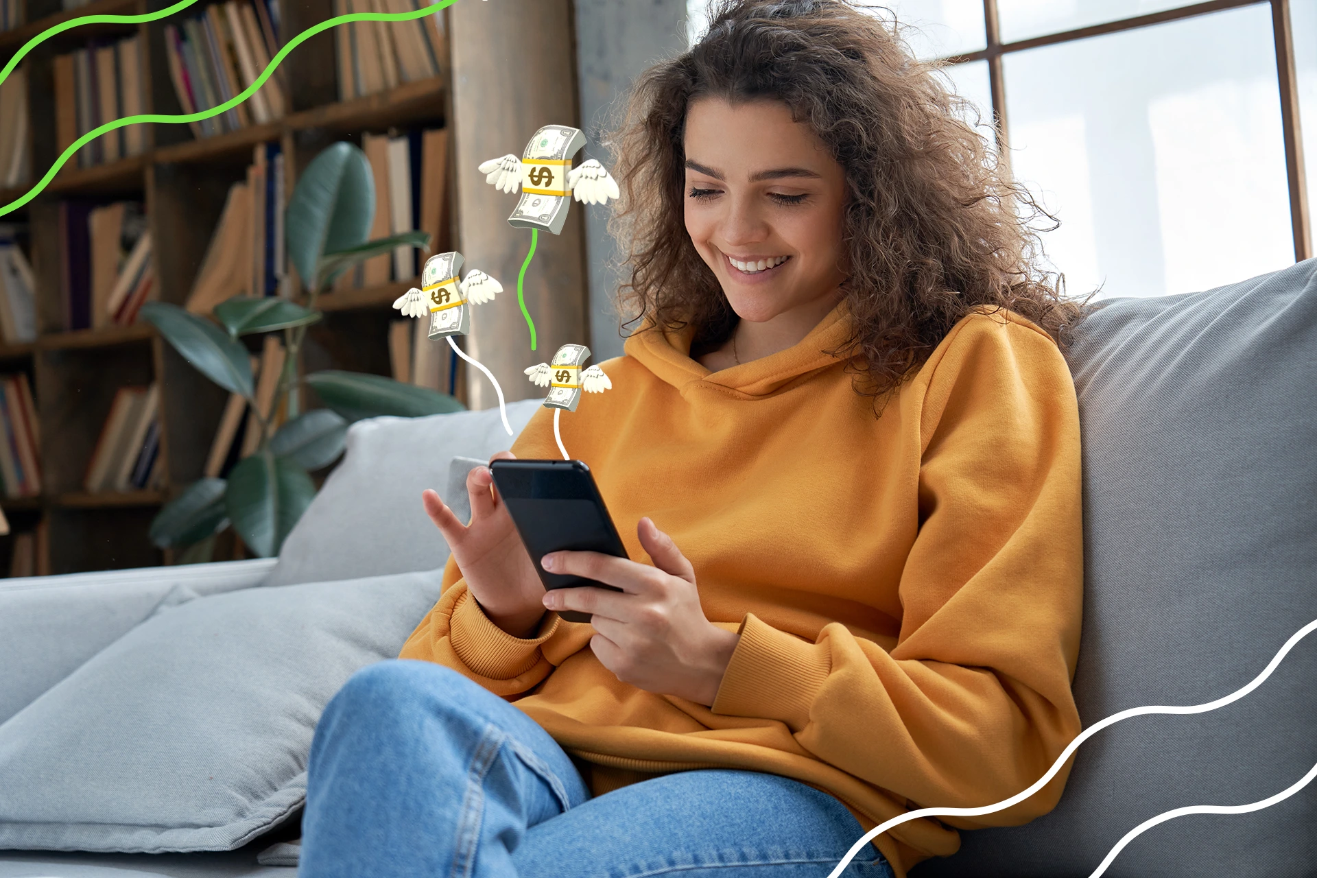 Woman earning money playing games on her phone using Cash Giraffe app
