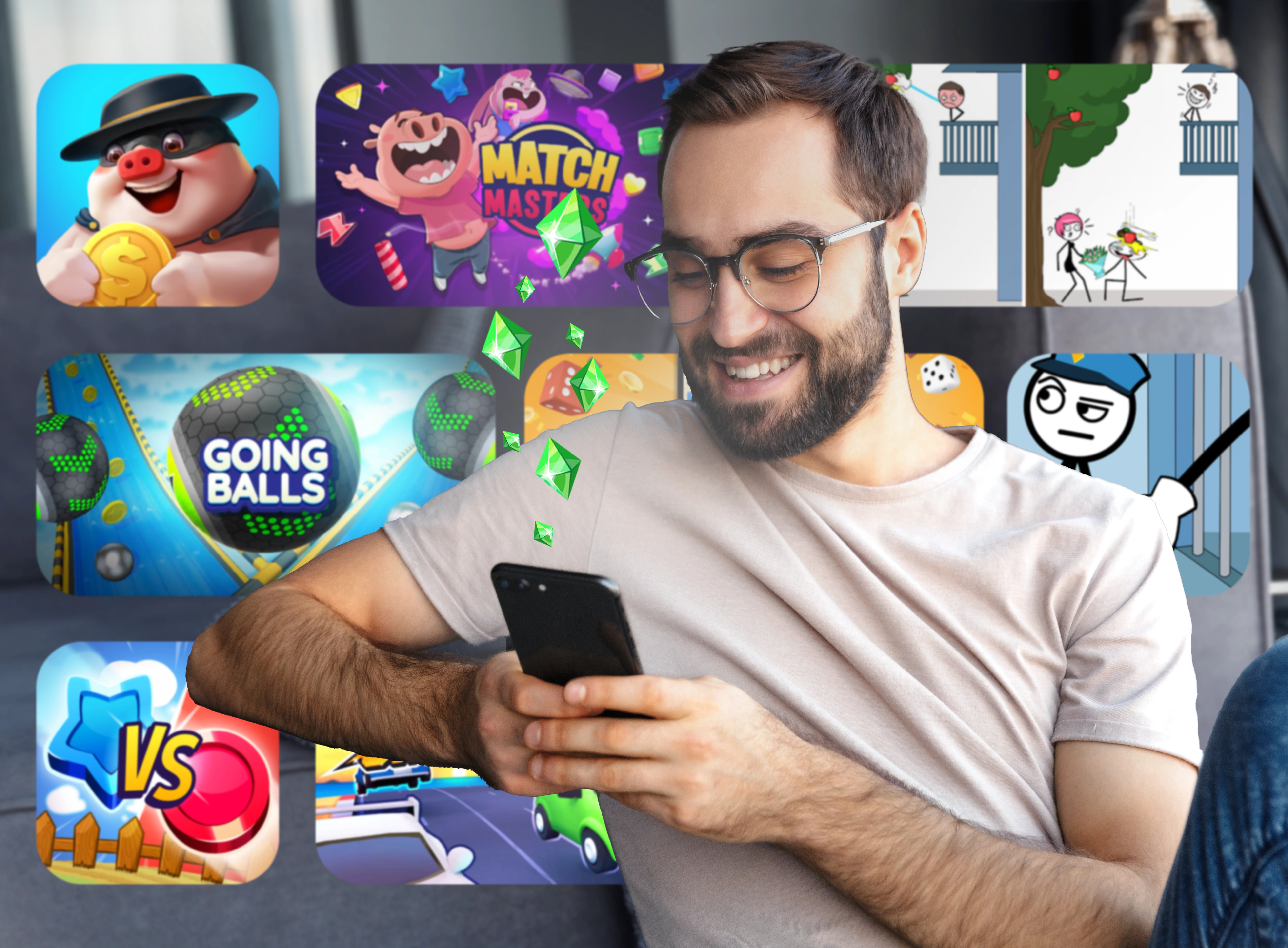 Man smiling while playing mobile games on his phone, surrounded by Cash Giraffe game icons and floating green gems representing in-app rewards.